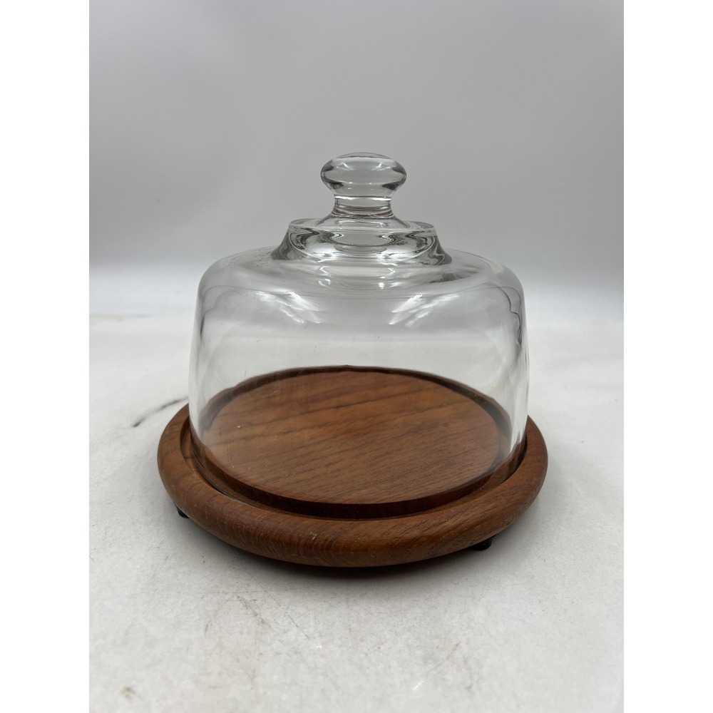 Dolphin Teakwood Cheese Dome Glass Cloche Server Mid Century Modern Wood